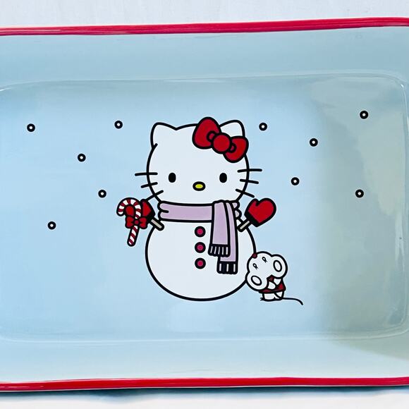 Hello Kitty Rectangular Baking Pan 12x8" Christmas Snowman Ceramic Casserole New - Picture 3 of 8